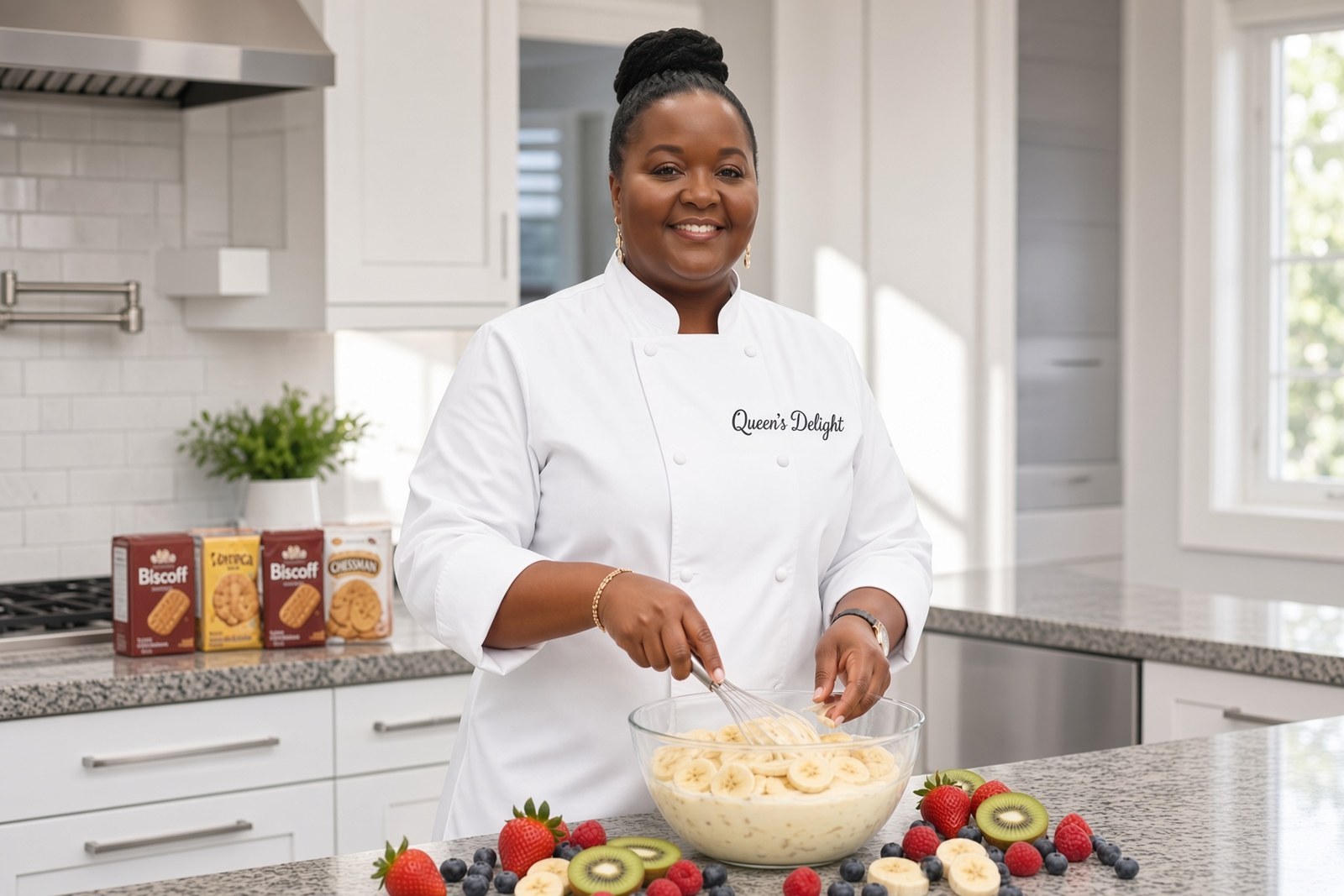 Queen's Delight chef with a cup of banana pudding